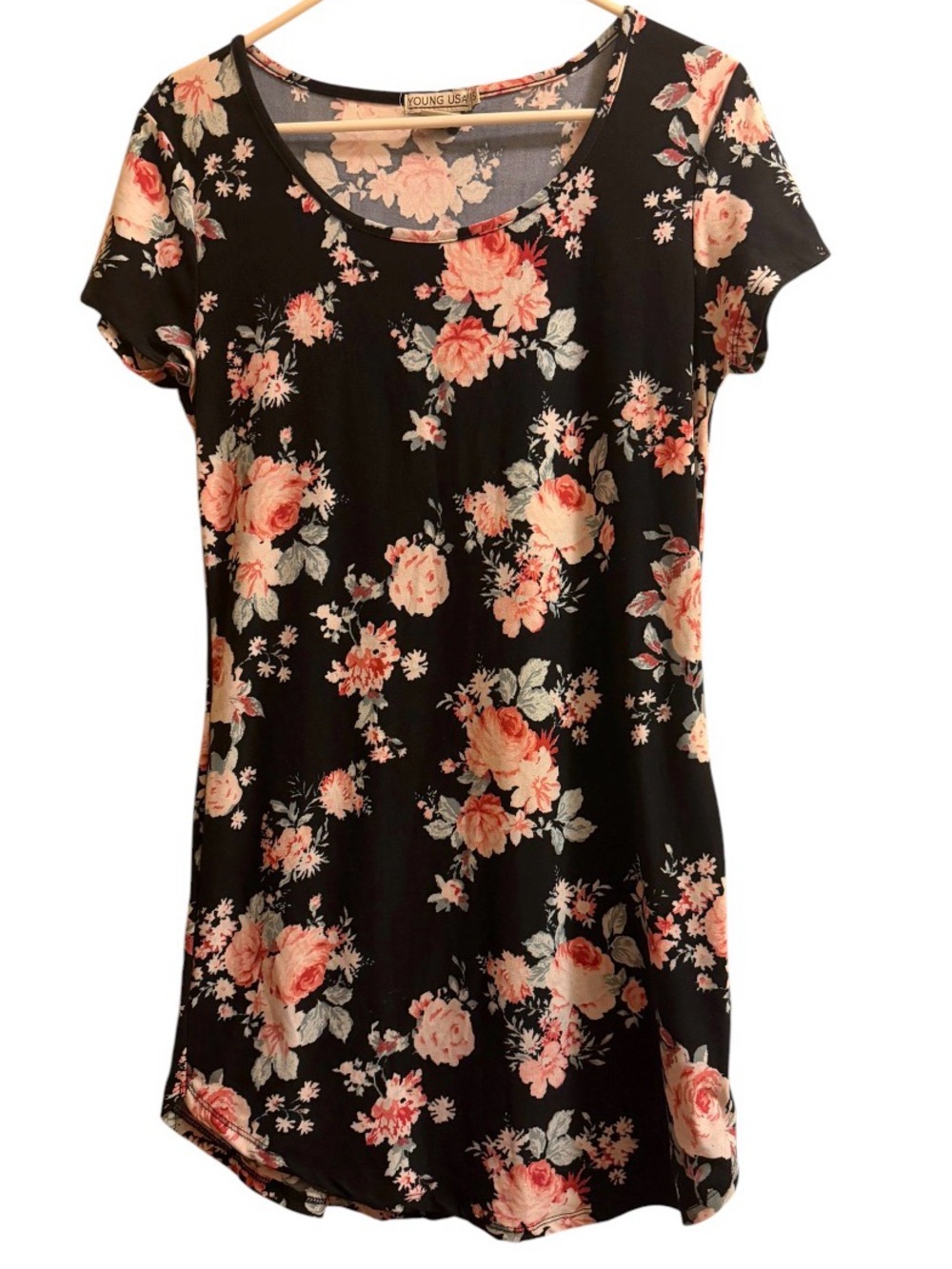 Young USA Black Floral Scoop-Neck Tunic Top in Pink Roses